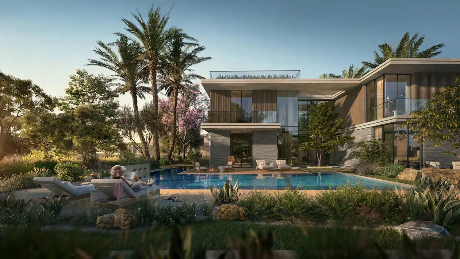 Contemporary Greenwoods villa in Dubai Silicon Oasis with a private pool, palm garden and glazed living spaces.