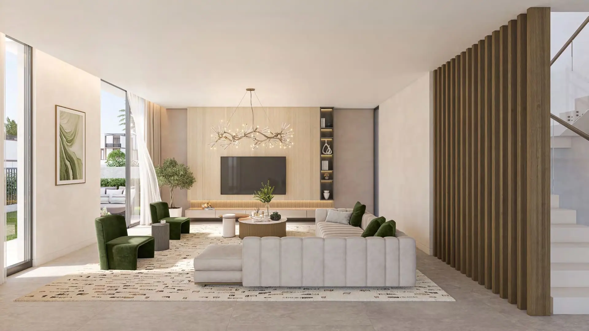 Light-scheme living room in a Greenwoods home, with a timber slat wall and garden doors.