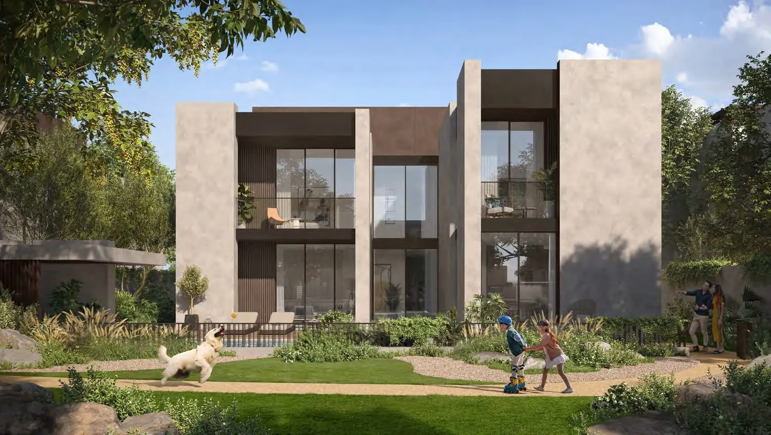 Greenwoods villa garden in Dubai Silicon Oasis, with a lawn, planting and a path in front of the home.